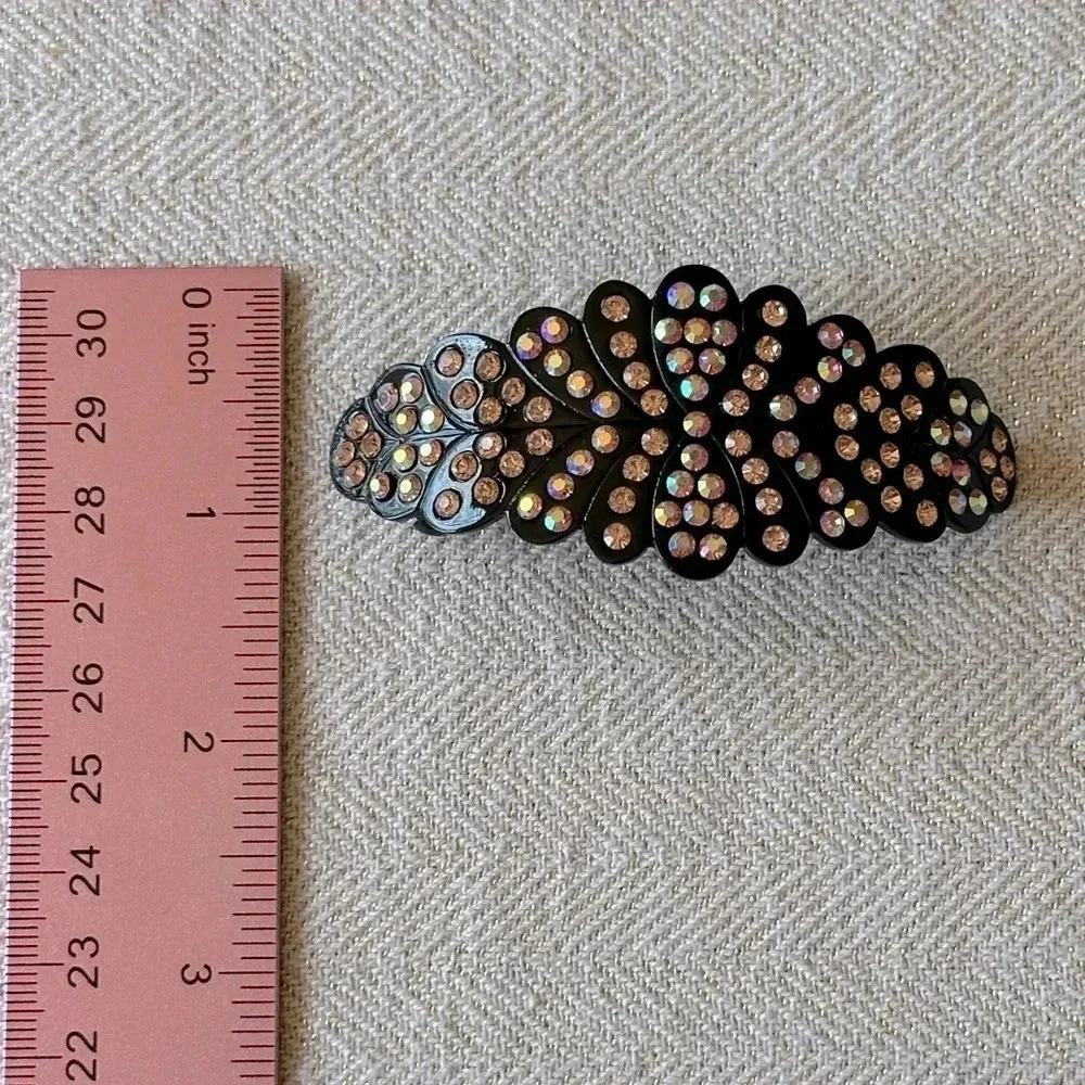 Peach and Aurora Borealis Crystals set in Black Hematite Hair Barrette - Picture 6 of 6